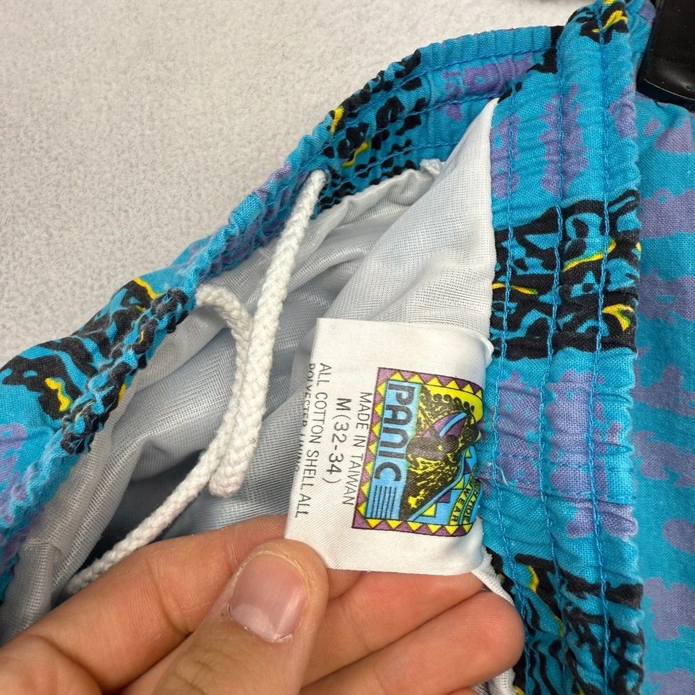 Vintage Abstract Swim Shorts Mens Medium Blue Tribal Geometric Surf Style 90s